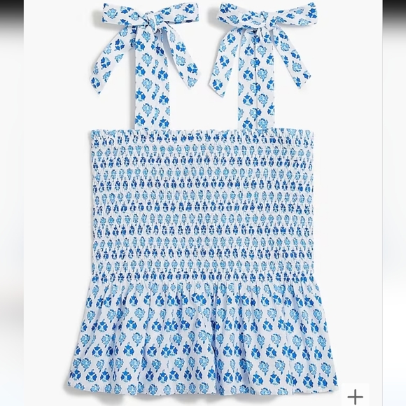 J. Crew Tank Top Smocked Tie Shoulder Blue Size S White Malibu Blue Floral Shirt - Picture 2 of 5